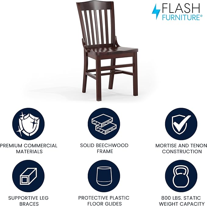 Flash Furniture Hercules Series School House Back Mahogany Wood Dining Chair, Traditional Elegant Wood Restaurant Chair, Walnut Wood