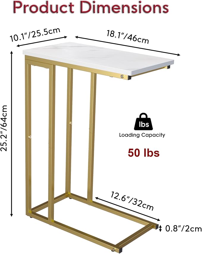 Yusong C Shaped End Table, Couch Side Table That Slide Under Sofa Bed, Small Table for Small Spaces, Skinny Overbed Table for Coffee Drink Snack, Living Room, Gold and White Marbled Wooden Top