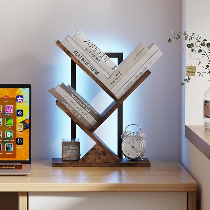 Tree Bookshelf with LED Lights, 3 Tier Floor Standing Bookcase, Classical Corner Shelf Kids Bookshelf, Tall Wood Book Storage for Bedroom, Living Room, Home Office, Brown