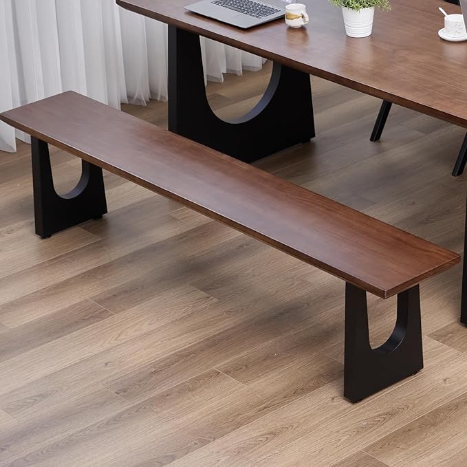 Walnut Color Long Bench Solid Wood Top Metal Legs U-Shaped Design Durable Sturdy Dining Bench Ideal for Office Home Restaurant Patio Multiple (Bench, 62.99in)