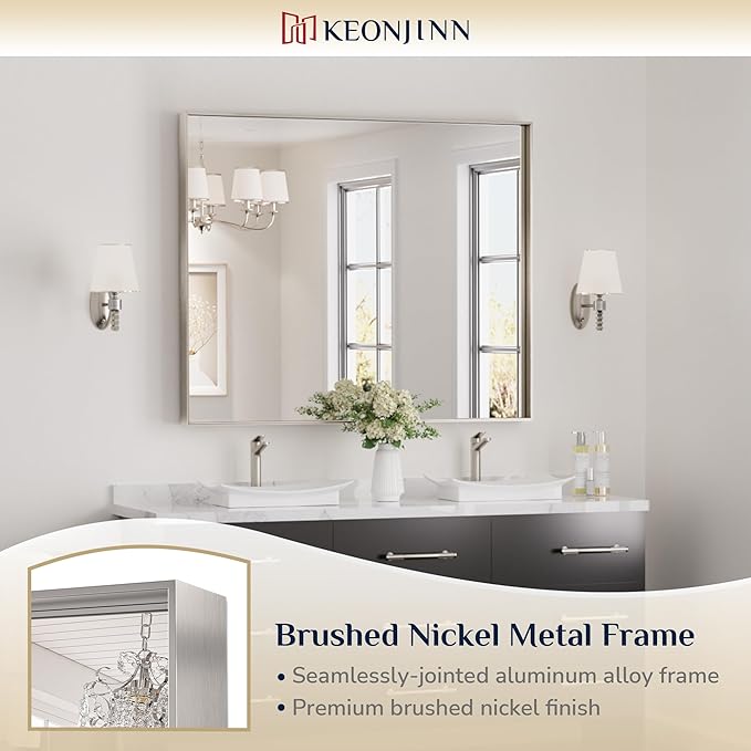 Keonjinn 48 x 40 in Brushed Nickel Bathroom Mirror, Rectangular Wall Metal Framed Vanity Mirror Square Corner Aluminum Alloy Modern Rectangle Wall-Mounted Mirror(Horizontal/Vertical)