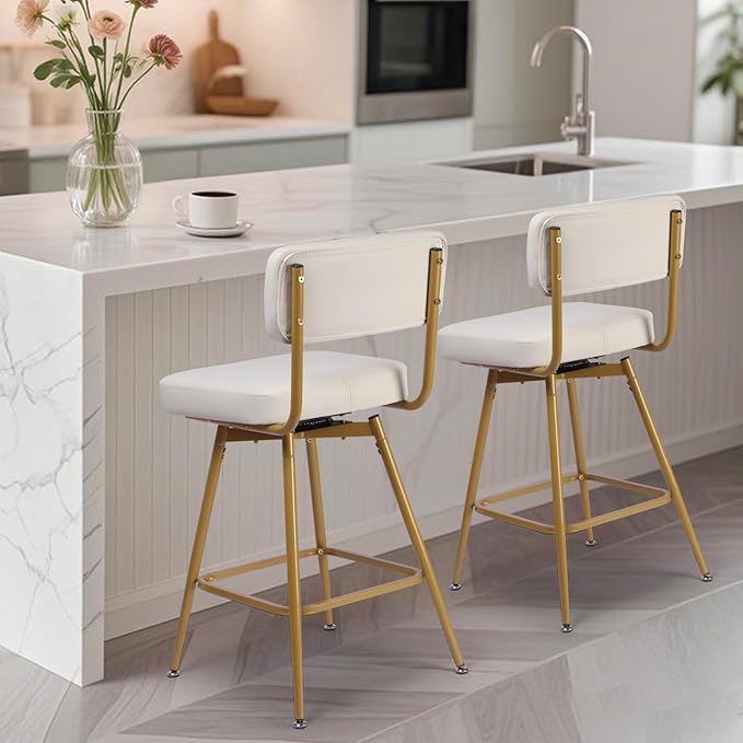 Swivel Counter Height Bar Stools Set of 2, Faux Leather Bar Stools with Back, Metal Legs and Footrest, 26" Seat Height Barstools for Kitchen Islands and Home Bars, Easy Assembly, White&Gold