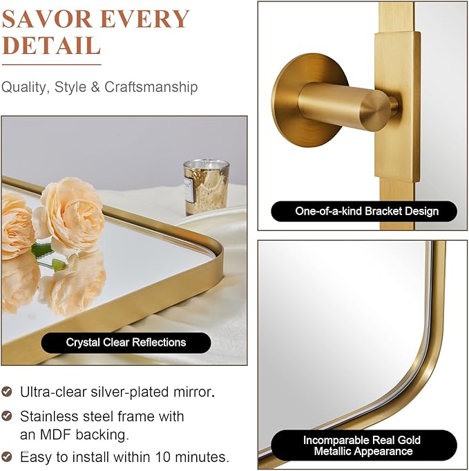 MOON MIRROR 36" x 24" Brushed Gold Rectangle Bathroom Mirror, Tilting Rounded Rectangular Metal Framed Pivot Wall Mirror, Hangs Horizontally Only(Overall 39.75" x 22")