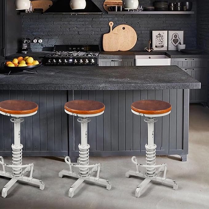 Topower Industrial Retro Vintage Farm Wooden Seat Tractor Stool Kitchen Swivel Height Adjustable bar Stool Antique White