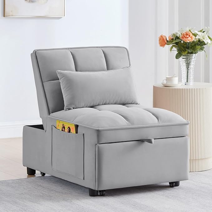 KEIKI Velvet Single Convertible Sleeper Chair Sofa Bed with Adjustable Backrest, Pillows & Storage Pockets, 3 in 1 Pull-Out Couch Chaise Lounge Recliner for Living Room Balcony Bedroom, Grey