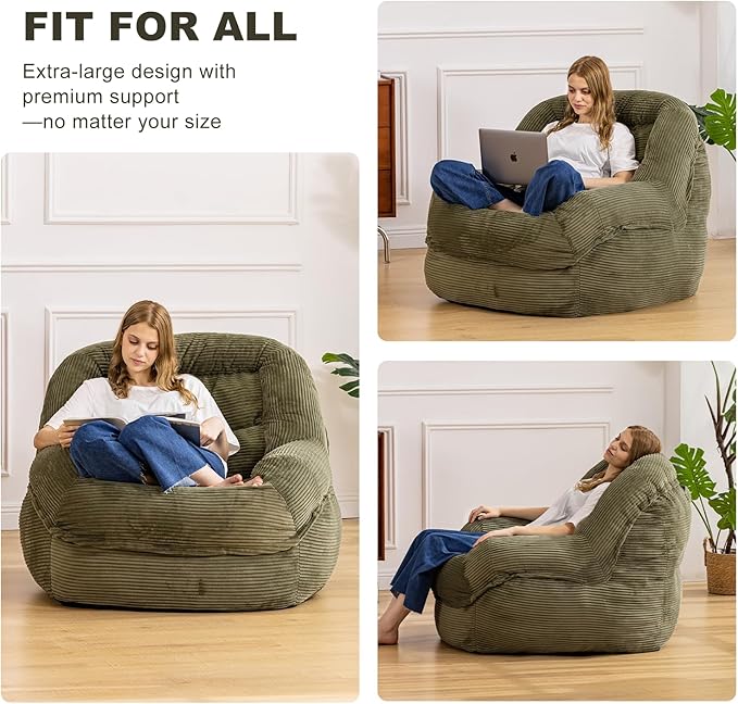 Giant Bean Bag Chair with Armrests - Oversized Cozy Seating for Adults, Corduroy Fabric & High - Density Foam Filling, Ideal Lounge for Living Room, Bedroom & Gaming Room (Olive Green)