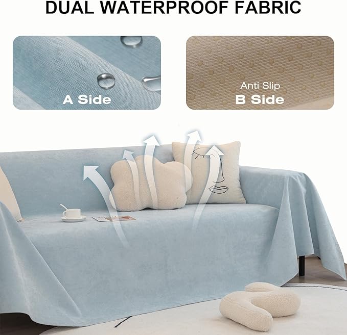 STACYPIK Waterproof Sky Blue Loveseat Couch Cover for Sectional, Couch Cover for Dogs, Anti-Slip Anti-Cat Scratch Furniture Protector for 2 Cushion Couch, Modern Couch Cushion Covers for Pets-71X90IN