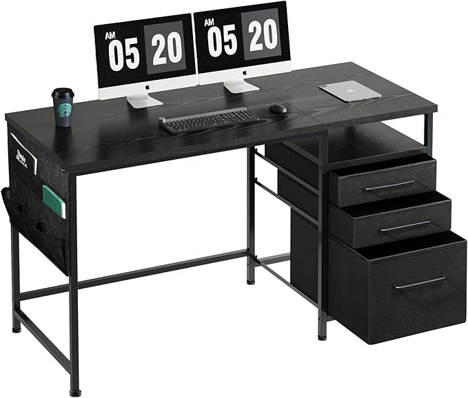 Ｍａｉｈａｉｌ Maihail Small Desk with Drawers, 47 inch Computer Desk with Shelves, Writing Desk with Storage, Small Office Desk with Metal Frame, Black