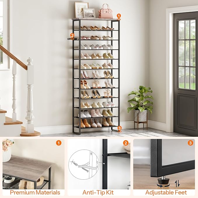 HOOBRO Shoe Rack, 12-Tier Shoe Storage Organizer, Large Capacity Shoe Shelf for Front Door Entrance, Entryway, Closet, Holds 36-48 Pairs of Shoes, Closet, Greige and Black BG127XJ01
