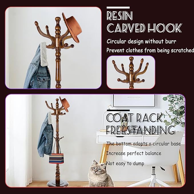73 in Wood Coat Rack, Coat Rack Freestanding with Stable Round Base, Adjustable Height Tree Coat Racks Stand for Home Bedroom Office Hallway Entryway (Antique color)