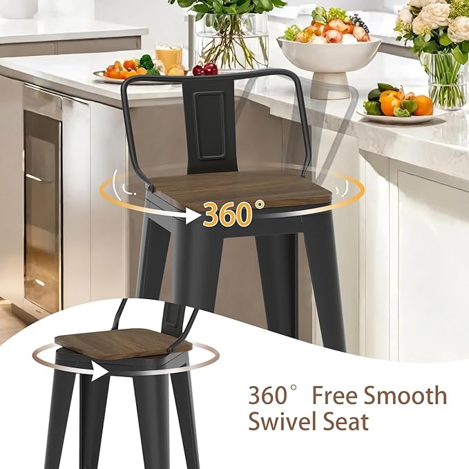 26 Inch Swivel Bar Stools Set of 4, Counter Height Bar Stools with Low Back, Metal Industrial Bar Chairs for Kitchen Island (Matte Black)