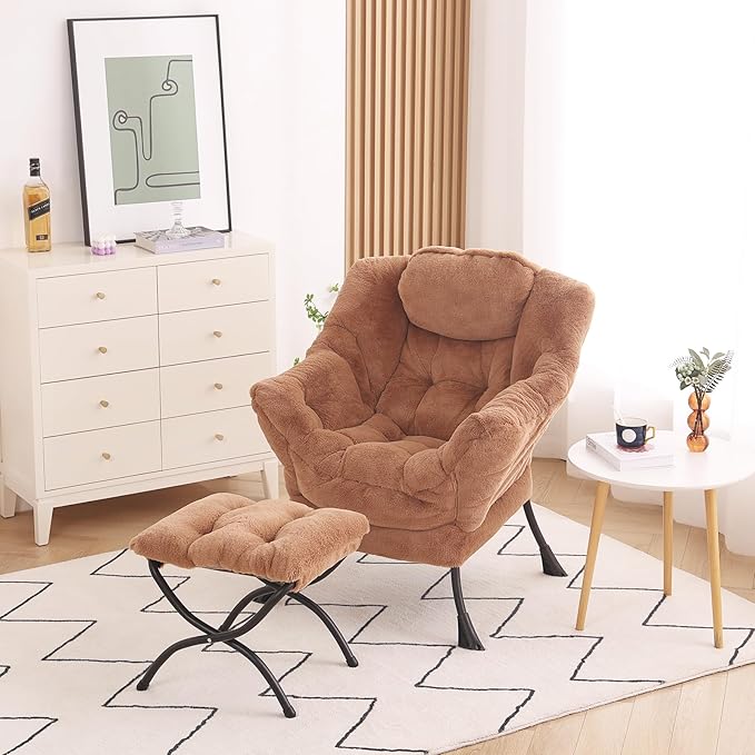 Lazy Chair with Ottoman, Modern Accent Chair Lounge Leisure Sofa Chair with Armrests, Reading Chair and Folding Footstool for Living Room, Bedroom, Office, Plush Brown