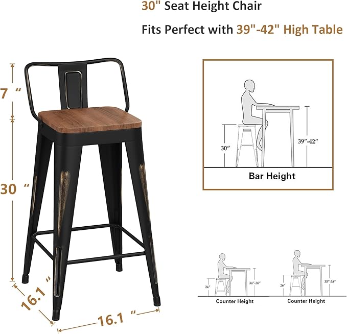 WENTMENT Bar Stools Set of 4 Counter Height Bar Stools Metal Barstools with Removable Back 30" Kitchen Bar Stools with Wooden Seat, Distressed Black