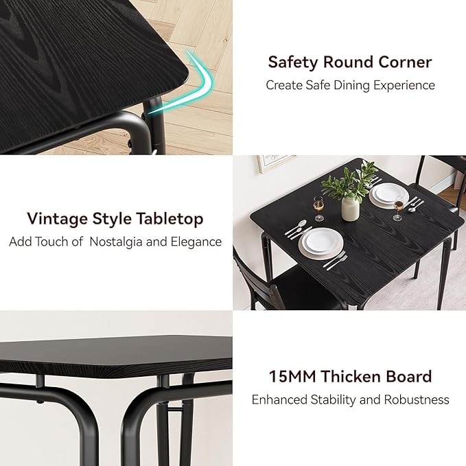 Dining Table Set for 2, Space-Saving Square 3-Piece Dinette with 2 Chairs, Modern Kitchen Furniture for Small Spaces & Apartments