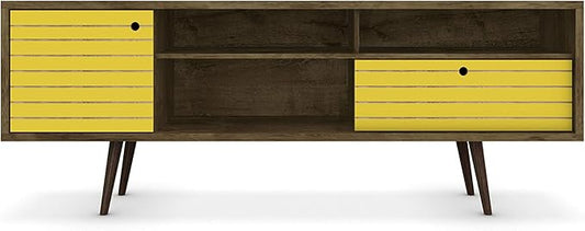 Manhattan Comfort Liberty Mid Century Modern TV Stand for Televisions up to 65 Inches, Bedroom and Living Room Entertainment Center with Storage, Shelves, and Cabinet, 71" Wide, Rustic Brown/Yellow