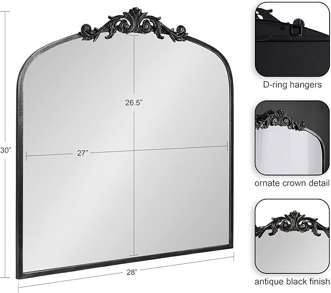 Kate and Laurel Arendahl Ornate Traditional Square Arched Mirror; 28 x 30; Antique Black; Decorative Baroque Style Arch Vintage Mirror with Wide Frame and Ornamental Crown