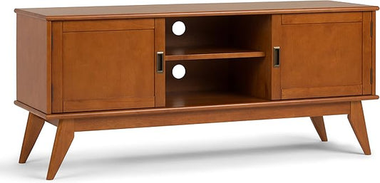 SIMPLIHOME Draper SOLID HARDWOOD 60 inch Wide Mid Century Modern TV Media Stand in Teak Brown For TVs up to 65 inches for the Living Room and Entertainment Center