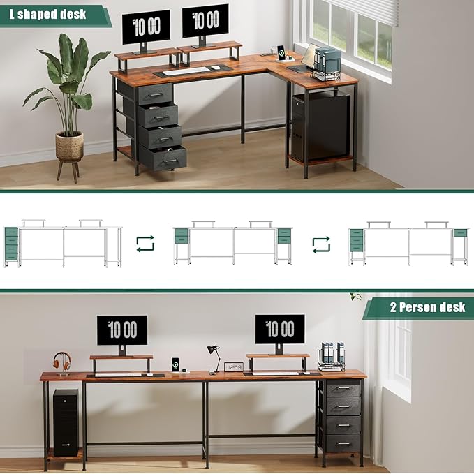 59 inch L Shaped Computer Desk with Power Outlets, Home Office Desk with 4 Adjustable Storage Drawers & 2 Monitor Stands, Two Person Gaming Table for Bedroom, Rustic Brown
