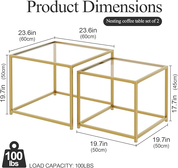 Garden 4 you Coffee Table Set of 2, Modern Glass Nesting Table, Metal Frame Square Center Table Set, Side Tables, Nesting Coffee Table for Living Room, Bedroom and Small Spaces, 23.6in Gold