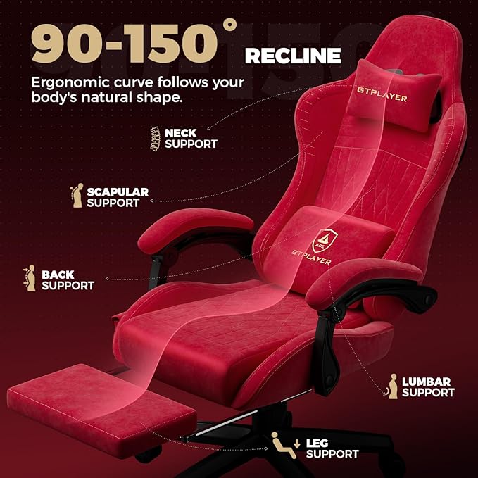 GTPLAYER ACE-PRO Music Gaming Chairs – Built-in Speakers, App Support & Bluetooth Control, Footrest & Pocket, Gamer Chair for Adults, Cherry Red - Velvet