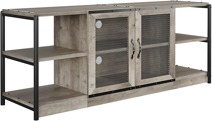 Farmhouse TV Stand for 65+ Inch TV, Industrial TV Cabinet, Entertainment Center with Double Mesh Doors and Storage Cabinet, Rustic TV Cabinet, TV Console Table Media Cabinet for Living Room, Grey