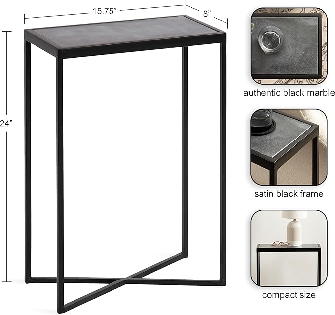 Kate and Laurel Jaspur Modern Slim Side Table, 16 x 8 x 24, Black Marble and Black, Decorative Glam Narrow End Table for Use as Skinny Bedroom Nightstand or Living Room Accent Table