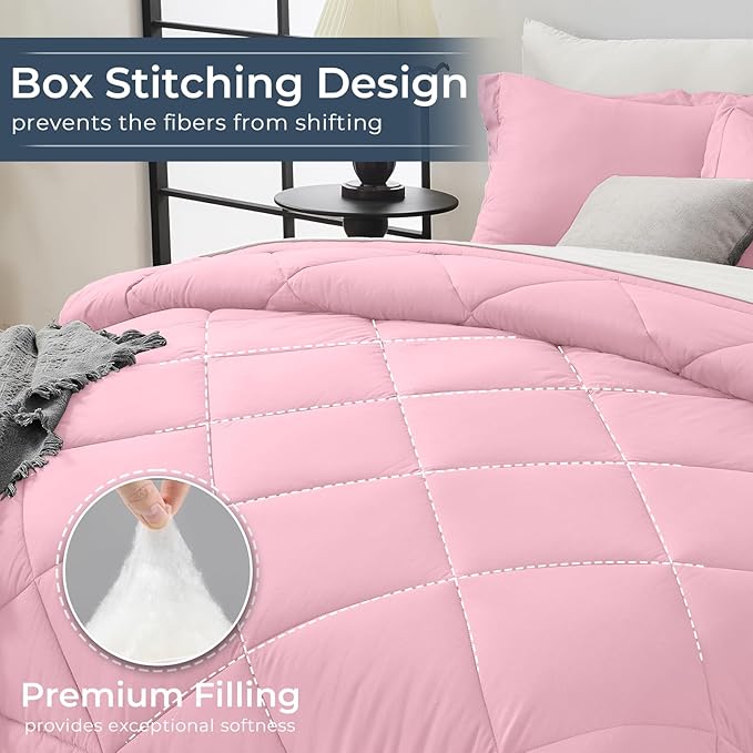 HEVUMYI Queen Comforter Set - 7-Piece All Season Bed in a Bag Queen, Ultra Soft Bedding Set with Comforter, Flat Sheet, Fitted Sheet, Pillowcases, Pillow Shams, Pink & Ivory