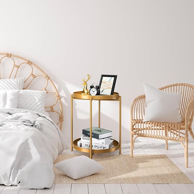 danpinera 2-Tier End Table, Outdoor Side Table Metal Round Side Table with Removable Tray, Small Folding Accent Table, Anti-Rust Nightstand for Bedroom Balcony Patio Living Room (Gold)