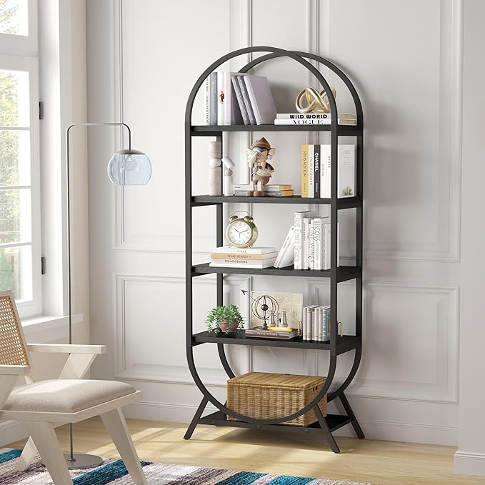 Bookshelf Arched Bookcase Set 2, 5 Tier Open Freestanding Display Shelf for Home Office, Living Room, Black