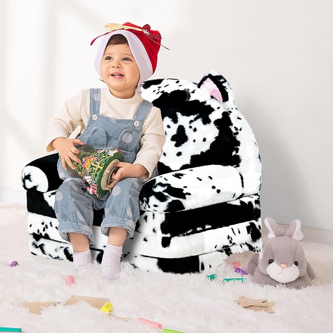 Toddler Chair with Faux Rabbit Fur – 2-in-1 Foldable Kids Couch, Soft Sofa for Reading, Napping, Bedroom or Playroom Use, 18 Months+ （Cow & Cat）