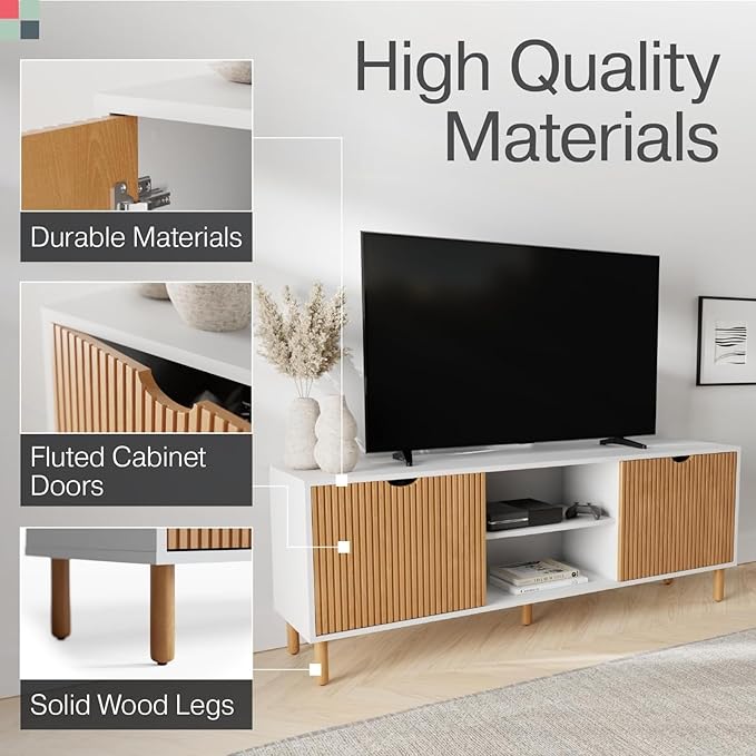 Fluted TV Stand & Entertainment Center - 70-Inch White & Oak - Supports 32-80-Inch TVs - Soft-Close Doors & Adjustable Shelves - Cord Management Media Console