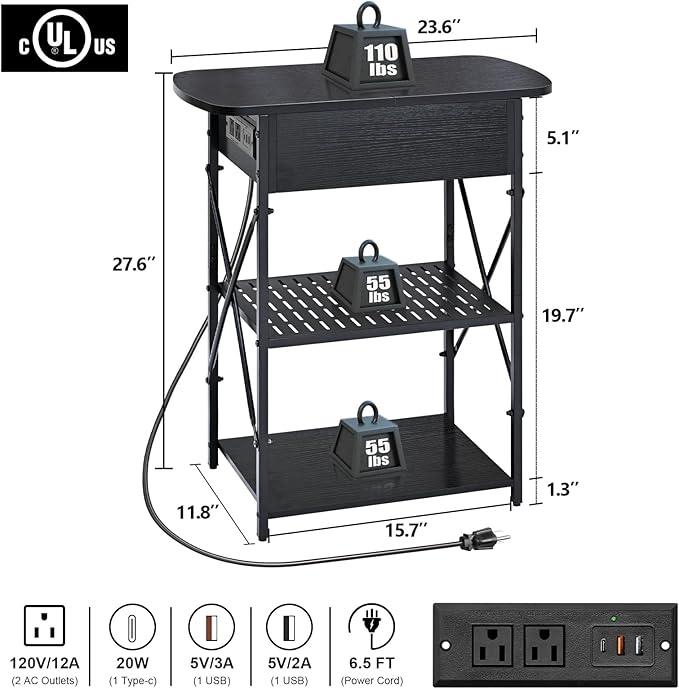 Narrow Side Table with Charging Station, End Tables Set of 2 for Small Spaces, Flip Top End Table with Storage, Black End Tables Living Room, Nightstand Set 2 with Drawer for Bedroom