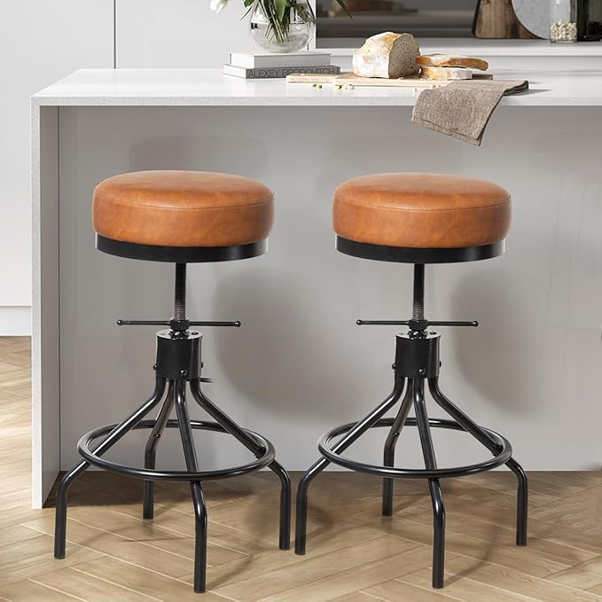 Industrial Bar Stools Adjustable Swivel Round Barstools Modern PU Leather 28inch Backless Counter Height Stool Metal Bar Chair for Kitchen Island (1, Brown)