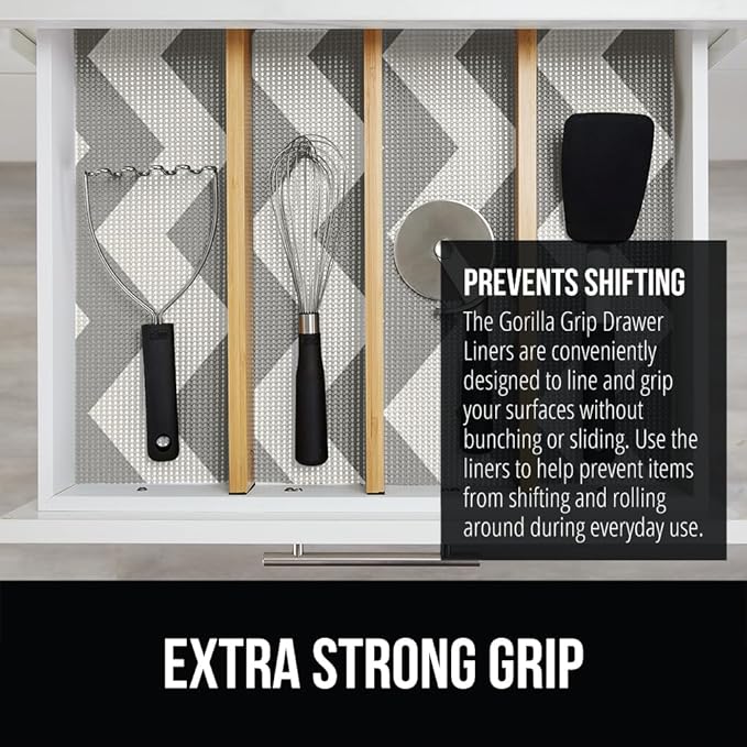 GORILLA GRIP powerGRIP Drawer Shelf and Cabinet Liner, Thick Strong Hold, Non-Adhesive Liners Protect Kitchen Cabinets and Cupboard, Bathroom Drawers, Easy Install, Breathable Mat, 12" x30', Chevron