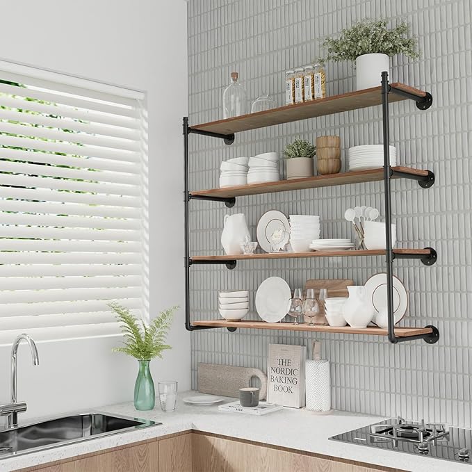 Industrial Pipe Shelf Brackets Wall Mount,Open Black Pipe Shelving for Kitchen,Floating Shelf Brackets Mount,Open Bookshelf Brackets for Shelves,Wall Shelves 12 Inch Deep,(2PcsX4Tier,47" Tall)