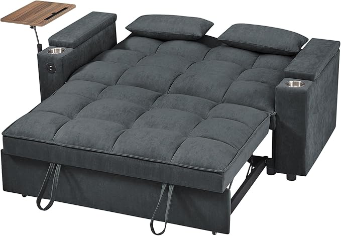 3 in 1 Queen Loveseat Convertible Sofabed Modern Living Room Multifunctional Sleeper Sofa Convertible Spacious Sofa Bed W/Pull Out Sleeper Couch Bed Armrests Storage,Cupholders,USB Ports ,Side Table