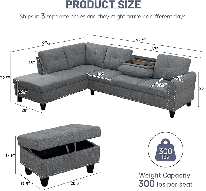 L Shaped Modular Sectional Sofa with Reversible Chaise Lounge, 5-Seater Corner Couch, Linen Upholstery Convertible Sofá w/Movable Ottoman, Cup Holders, 2 Pillows and Rivet Ornament for Living Room