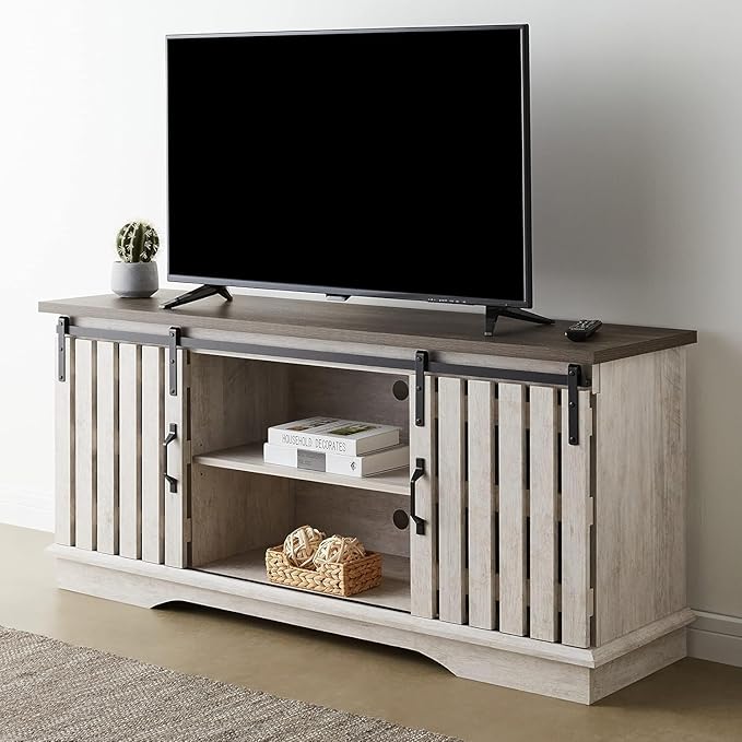 ROCKPOINT Modern Farmhouse Sliding Fence Door Stand for TVs up to 65 Inches, 58inch, White Wash