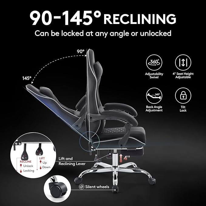Gaming Chair Breathable Fabric,Computer Office Chair with Footrest,Massage Lumbar Support and Gel Pad,Ergonomic Reclining Adjustable Gamer Chair with Headrest and Spring Cushion Black