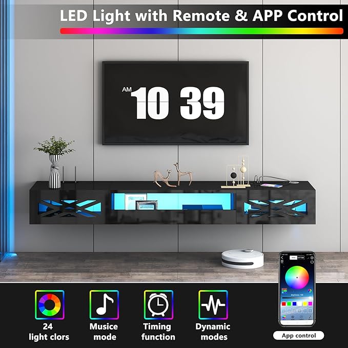 Floating TV Stand, 71" Floating Entertainment Center Wall Mounted,Floating Wall Mounted TV Shelf with Led Lights and Power Outlet,Modern High Gloss tv Cabinet Media Console with Storage