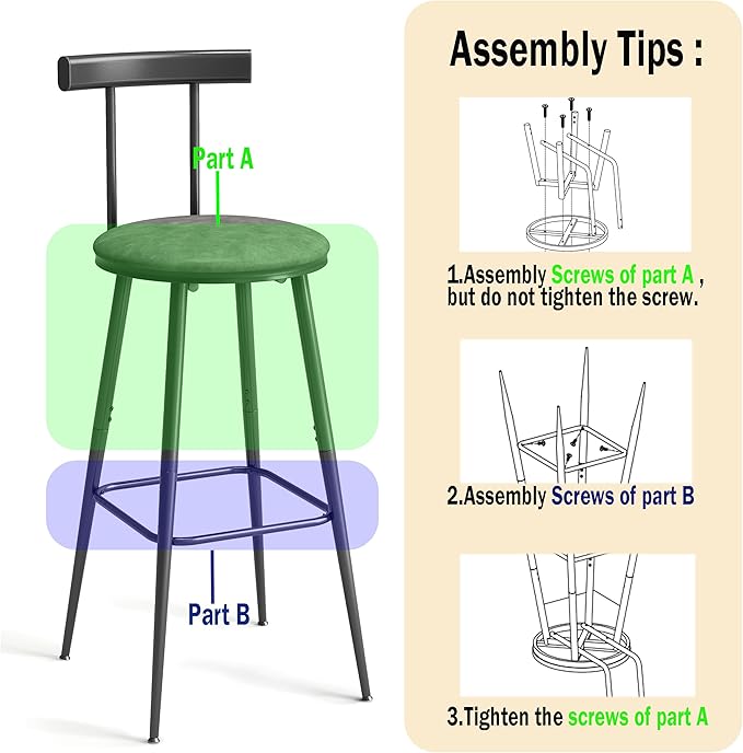 Bar Stools, Set of 2 High Kitchen Barstools, Bar Chairs with Backrest and Footrest, Industrial Counter Stools with PU Soft seat, for Kitchen, Living Room, Pub, Grey BS-013GR