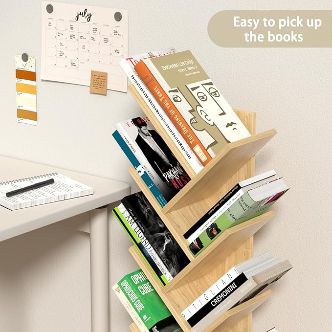 10 Tier Tree Book Shelf, Floor Standing Wood Bookshelf for Narrow Space, Storage Organizer Bookshelves for Books/CDs/Magazine, Bookcase with Shelves for Home Office, Living Room - Natural