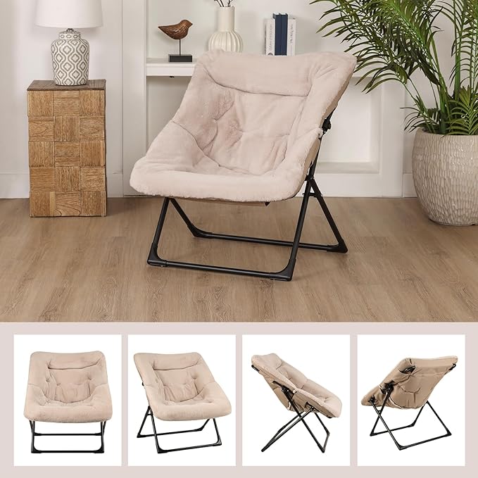 Comfy Saucer Chair for Adults, Soft Faux Fur Bedroom Chair, Accent Dorm Chairs, Flexible Living Room Reading Chairs, Oversized Folding Lounge Seat for Teens, X-Large, Light Khaki
