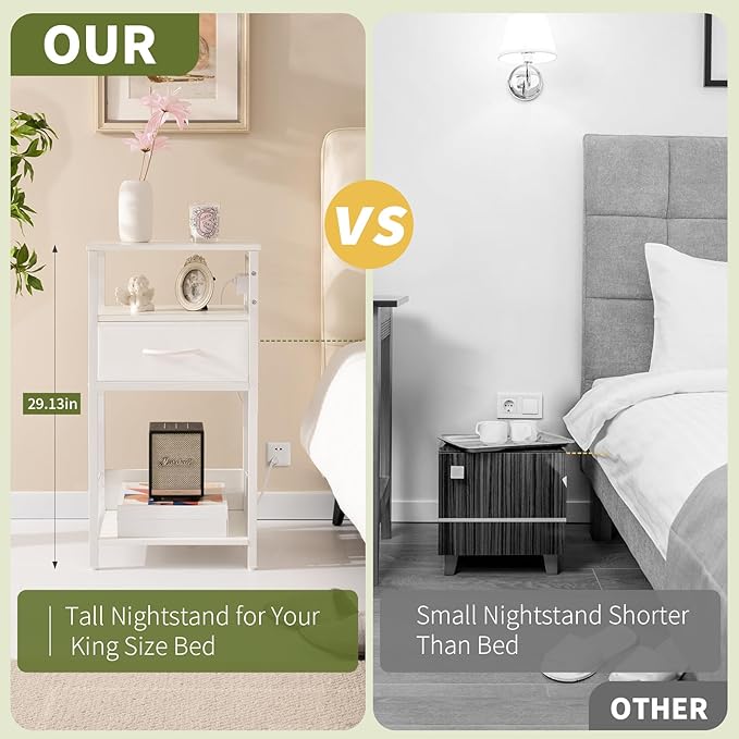 Yoobure Side Table - Night Stand with Charger Station & LED Light, 3 Tier Small End Table Living Room, Bedside Table with Drawer, Record Player Stand with Vinyl Storage, White Nightstand for Bedroom