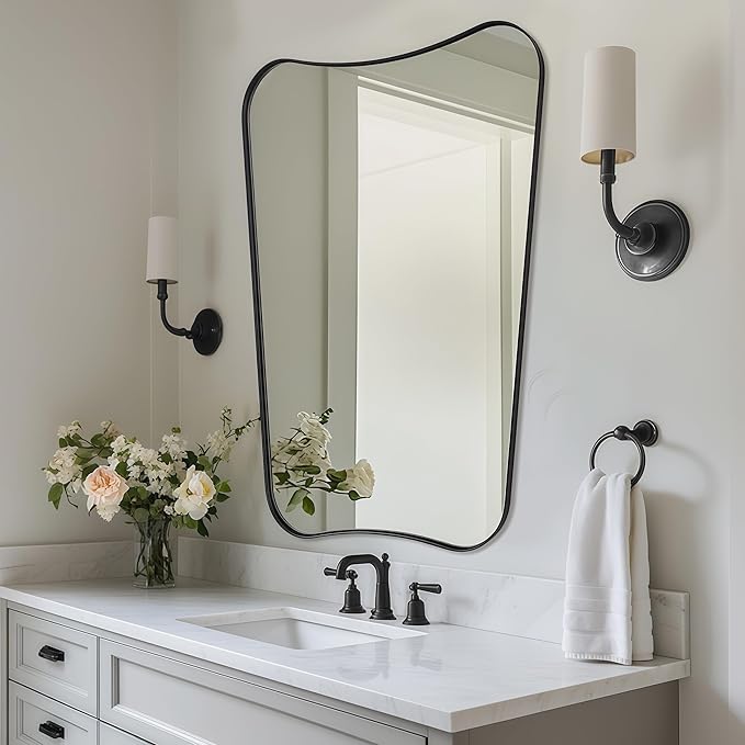 24x40 Black Mirror, Irregular Shaped Mirror with Curved Edge Design, Asymmetrical Bathroom Mirror, Wall Mounted Decorative Mirror for Powder Room, Foyer, Master Room, Hangs Vertical Only