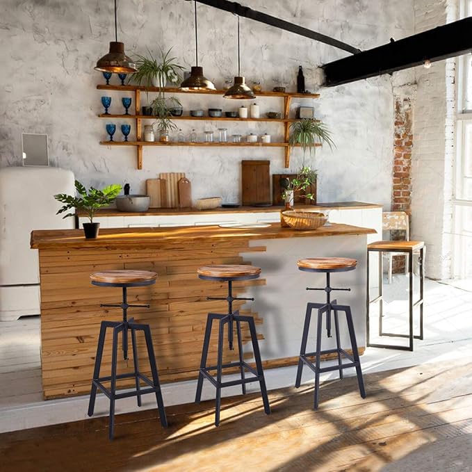 Diwhy Industrial Bar Stools, Kitchen Dining Chair, Wood Metal Stool, Adjustable Height Swivel Counter Height Chair, Black, Fully Welded Set of 2 (Brown Wooden Top)
