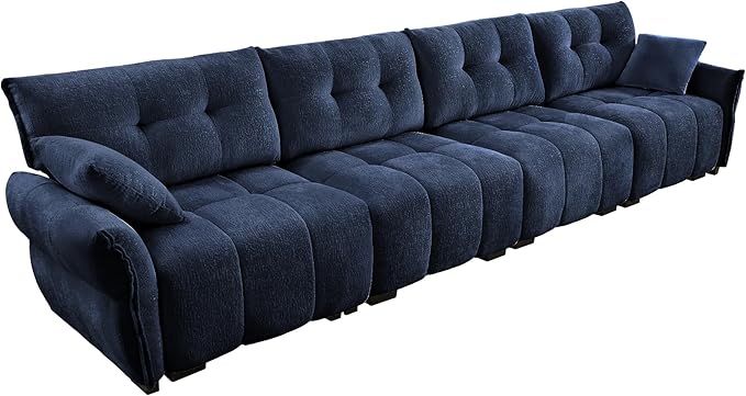 Modern Chenille Fabric 4-Seat Sofa w/ 2 Pillows, Premium Upholstery Living Room Couch with Tufted Backrest & Comfortable Armrests and High-Resilience Memory Foam Cushions,Blue