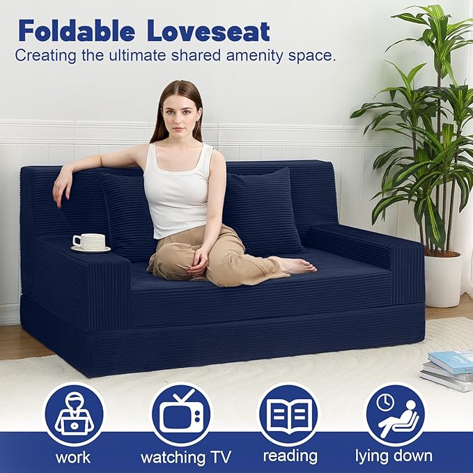 MeMoreCool Boneless Folding Sofa Bed Queen, Corduroy Convertible Sleeper Chair, Foldable Foam Mattress Chair, Comfy Fold‑Out Futon Couch Bed, Large Floor Sofa Couch for Living Room Guest