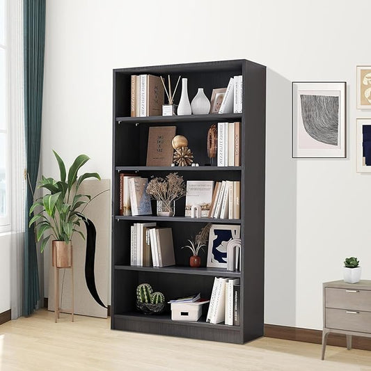 Wooden Bookshelf with Adjustable Shelves, 5 Tier Tall Bookcase for Living Room, Office or Small Spaces,Heavy Dute Bookshelves Storage Organizer, Manga Bookshelf for Collectors,60 Inch,Gray
