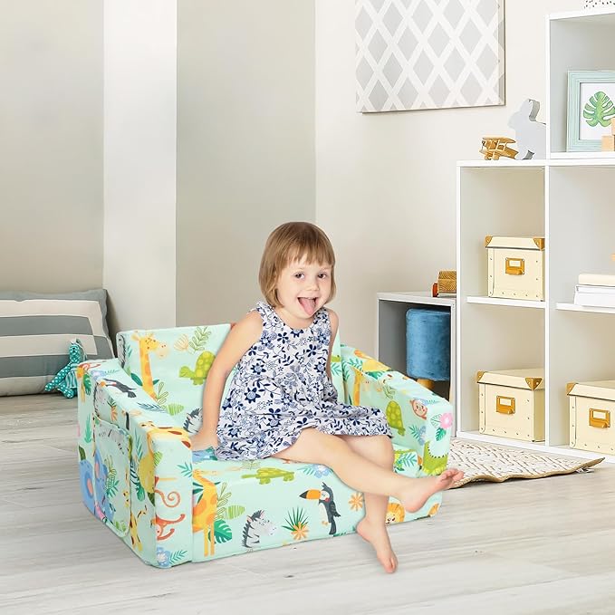 Foldable Kids Sofas Couch 2 in 1 Children Convertible Sofa to Lounger Flip Open Toddlers Sofa Bed